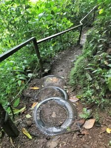 Often old tires were use to secure the trail