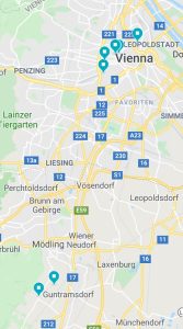 Blue pins indicate main places we visited in Vienna